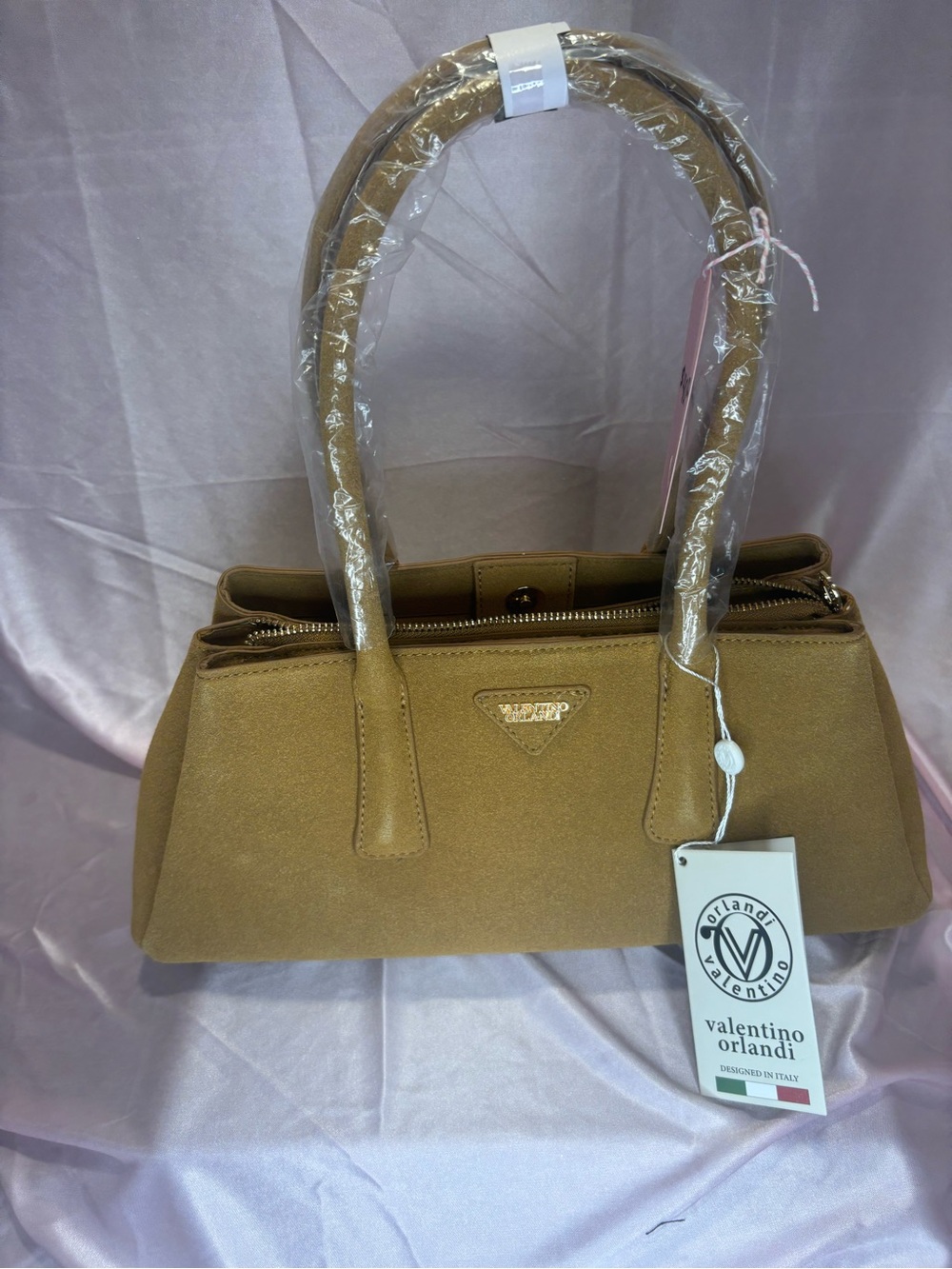Valentino Orlandi Camel Tan Satchel with Gold Logo